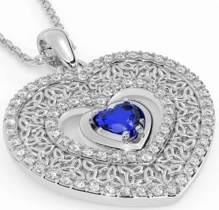 Diamond Sapphire Silver Celtic Trinity Knot Heart Necklace