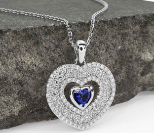 Diamond Sapphire Silver Celtic Trinity Knot Heart Necklace
