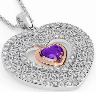 Diamond Amethyst Rose Gold Silver Celtic Trinity Knot Heart Necklace