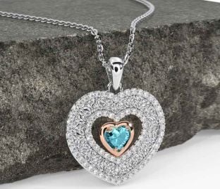 Diamond Aquamarine Rose Gold Silver Celtic Trinity Knot Heart Necklace