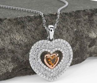 Diamond Citrine Rose Gold Silver Celtic Trinity Knot Heart Necklace