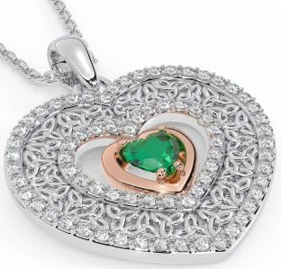 Diamond Emerald Rose Gold Silver Celtic Trinity Knot Heart Necklace