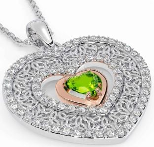 Diamond Peridot Rose Gold Silver Celtic Trinity Knot Heart Necklace