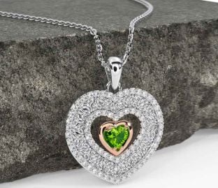Diamant Peridot Rose Gull Sølv Celtic Treenighet Knute Hjerte Halskjede