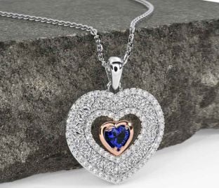Diamond Sapphire Rose Gold Silver Celtic Trinity Knot Heart Necklace