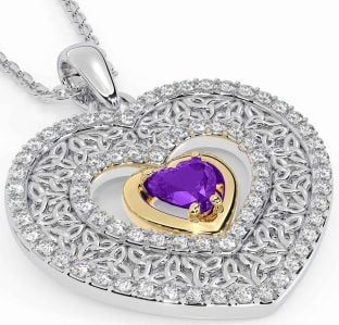 Diamond Amethyst Gold Silver Celtic Trinity Knot Heart Necklace