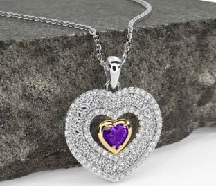 Diamond Amethyst Gold Silver Celtic Trinity Knot Heart Necklace