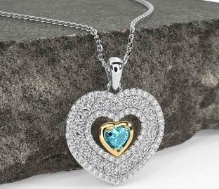 Diamond Aquamarine Gold Silver Celtic Trinity Knot Heart Necklace