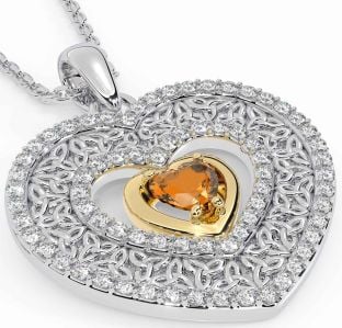 Diamond Citrine Gold Silver Celtic Trinity Knot Heart Necklace