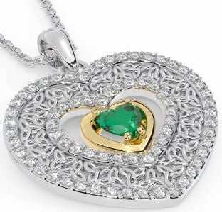 Diamond Emerald Gold Silver Celtic Trinity Knot Heart Necklace