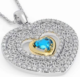 Diamond Topaz Gold Silver Celtic Trinity Knot Heart Necklace