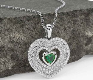Diamond Emerald White Gold Celtic Trinity Knot Heart Necklace