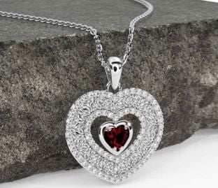 Diamond Garnet White Gold Celtic Trinity Knot Heart Necklace