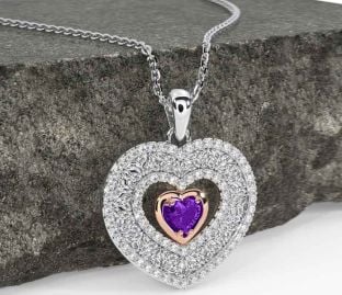 Diamond Amethyst White Rose Gold Celtic Trinity Knot Heart Necklace
