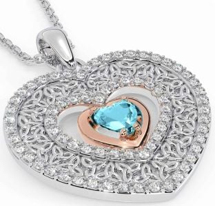 Diamond Aquamarine White Rose Gold Celtic Trinity Knot Heart Necklace