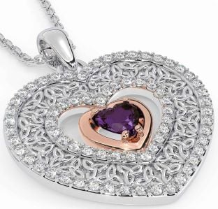 Diamond Alexandrite White Rose Gold Celtic Trinity Knot Heart Necklace