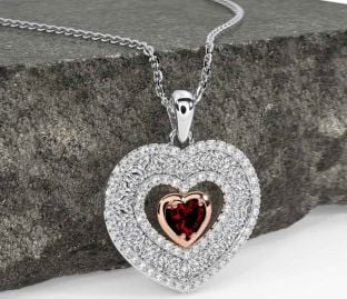 Diamond Garnet White Rose Gold Celtic Trinity Knot Heart Necklace