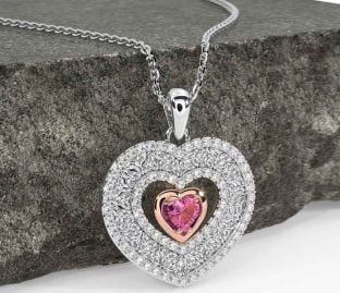 Diamond Pink Tourmaline White Rose Gold Celtic Trinity Knot Heart Necklace