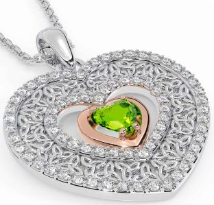 Diamond Peridot White Rose Gold Celtic Trinity Knot Heart Necklace