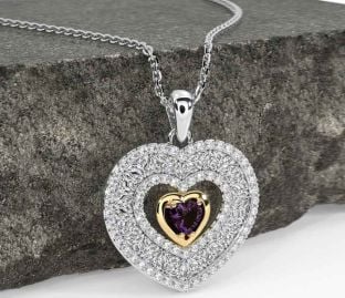 Diamond Alexandrite White Yellow Gold Celtic Trinity Knot Heart Necklace
