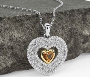 Diamond Citrine White Yellow Gold Celtic Trinity Knot Heart Necklace