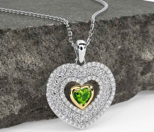 Diamond Peridot White Yellow Gold Celtic Trinity Knot Heart Necklace