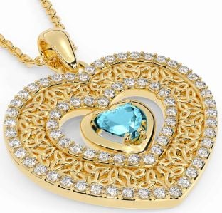 Diamond Aquamarine Gold Celtic Trinity Knot Heart Necklace