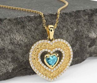 Diamond Aquamarine Gold Celtic Trinity Knot Heart Necklace