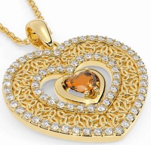 Diamond Citrine Gold Celtic Trinity Knot Heart Necklace