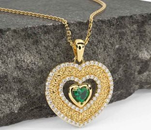 Diamond Emerald Gold Celtic Trinity Knot Heart Necklace