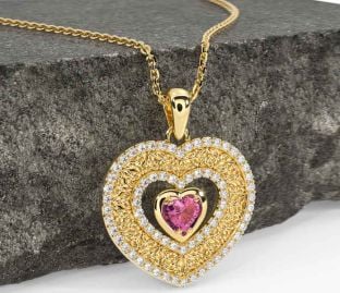 Diamond Pink Tourmaline Gold Celtic Trinity Knot Heart Necklace