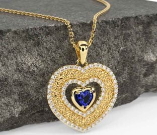 Diamond Sapphire Gold Celtic Trinity Knot Heart Necklace