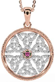 Diamond Pink Tourmaline Rose Gold Silver Celtic Trinity Knot Necklace