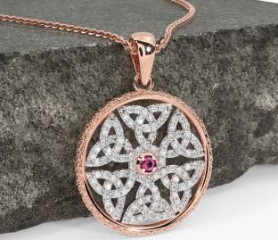 Diamond Pink Tourmaline Rose Gold Silver Celtic Trinity Knot Necklace