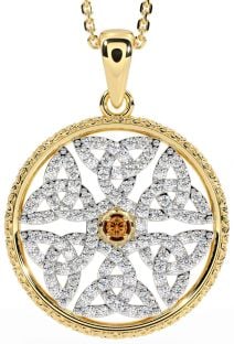 Diamond Citrine Gold Silver Celtic Trinity Knot Necklace