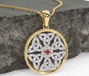 Diamond Pink Tourmaline Gold Silver Celtic Trinity Knot Necklace