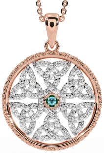 Diamond Aquamarine Rose Gold Celtic Trinity Knot Necklace