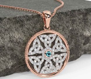 Diamond Aquamarine Rose Gold Celtic Trinity Knot Necklace