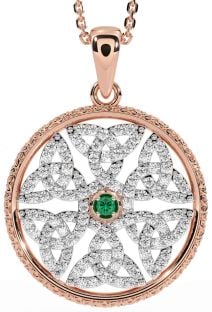 Diamond Emerald Rose Gold Celtic Trinity Knot Necklace