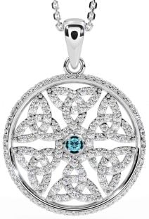 Diamond Aquamarine Silver Celtic Trinity Knot Necklace