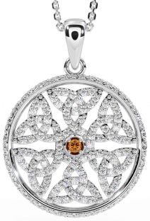 Diamond Citrine Silver Celtic Trinity Knot Necklace