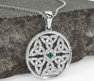 Diamond Emerald Silver Celtic Trinity Knot Necklace