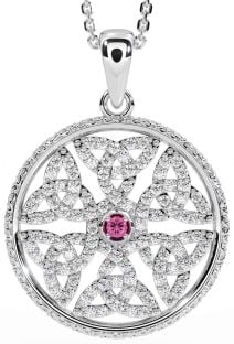 Diamond Pink Tourmaline Silver Celtic Trinity Knot Necklace