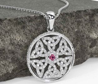 Diamond Pink Tourmaline Silver Celtic Trinity Knot Necklace