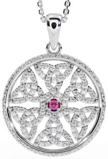 Diamond Pink Tourmaline White Gold Celtic Trinity Knot Necklace