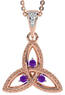 Diamond Amethyst Rose Gold Silver Celtic Trinity Knot Necklace