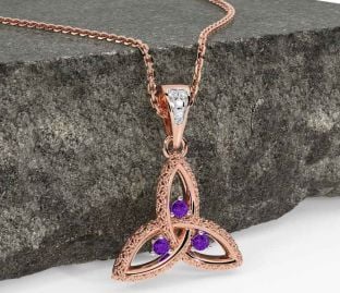 Diamond Amethyst Rose Gold Silver Celtic Trinity Knot Necklace