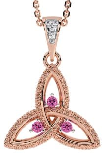 Diamond Pink Tourmaline Rose Gold Silver Celtic Trinity Knot Necklace