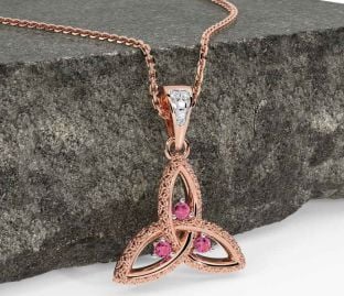 Diamond Pink Tourmaline Rose Gold Silver Celtic Trinity Knot Necklace