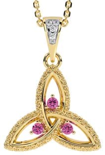 Diamond Pink Tourmaline Gold Silver Celtic Trinity Knot Necklace